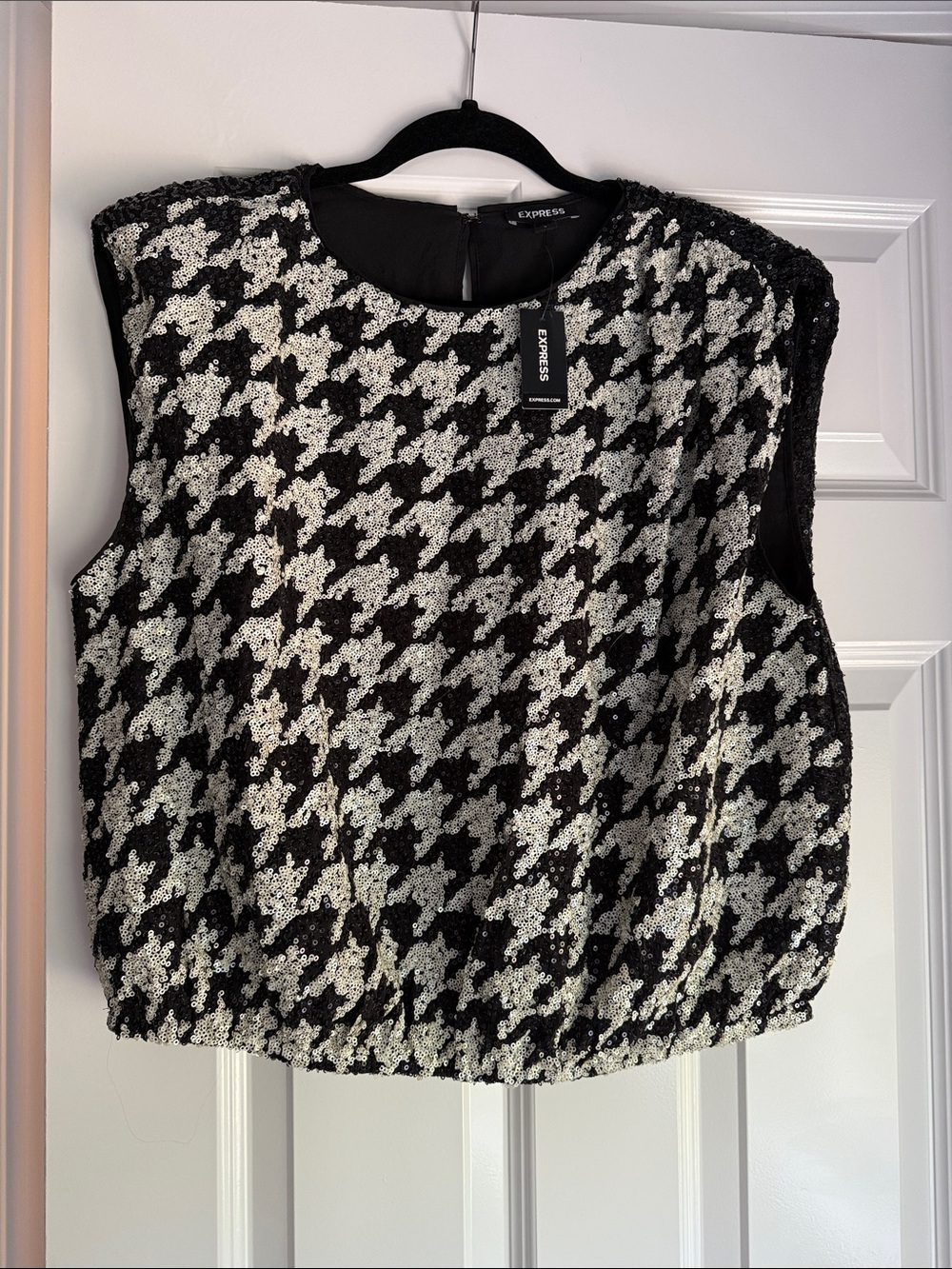 Express Black and White Houndstooth Sequin Tank